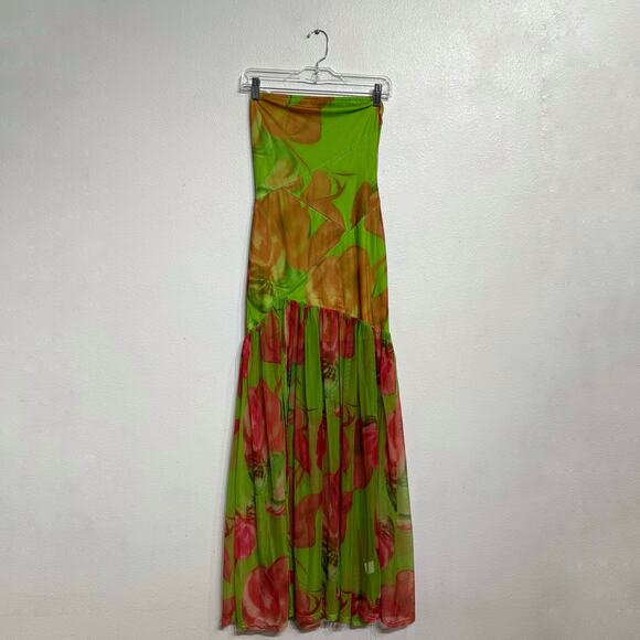 Green Floral Strapless Backless Sheer Mesh Side Slit Maxi Dress Sz S - Picture 2 of 12